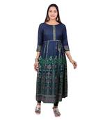 Navy-blue printed cotton long-kurtis