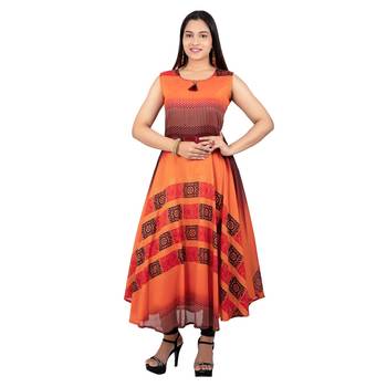 Orange printed rayon long-kurtis 1