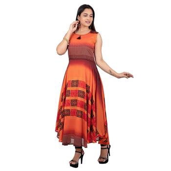 Orange printed rayon long-kurtis 3