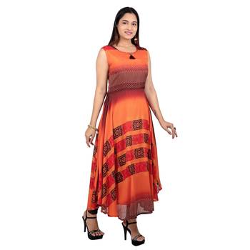 Orange printed rayon long-kurtis 4