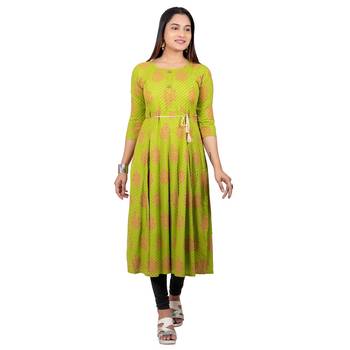 Light-green printed cotton long-kurtis 1