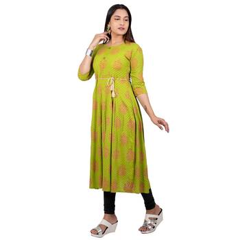 Light-green printed cotton long-kurtis 3