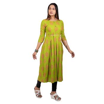 Light-green printed cotton long-kurtis 4