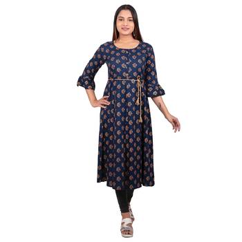 Navy-blue printed cotton long-kurtis 1