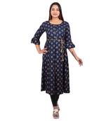 Navy-blue printed cotton long-kurtis