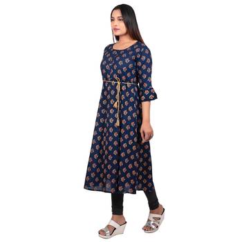 Navy-blue printed cotton long-kurtis 3