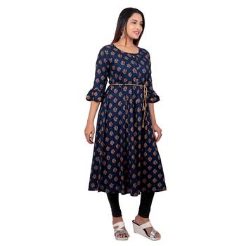 Navy-blue printed cotton long-kurtis 4