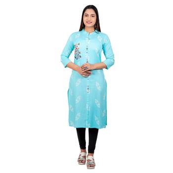 Sky-blue embroidered cotton long-kurtis 1
