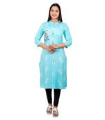 Sky-blue embroidered cotton long-kurtis