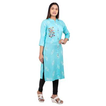 Sky-blue embroidered cotton long-kurtis 4