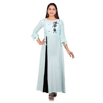 Sky-blue embroidered cotton long-kurtis 1