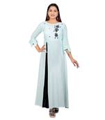 Sky-blue embroidered cotton long-kurtis