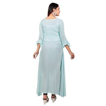 Sky-blue embroidered cotton long-kurtis 2