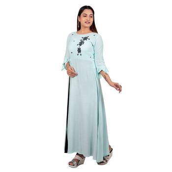 Sky-blue embroidered cotton long-kurtis 3