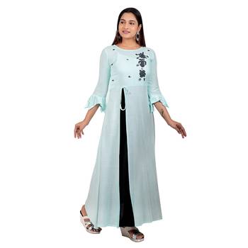 Sky-blue embroidered cotton long-kurtis 4