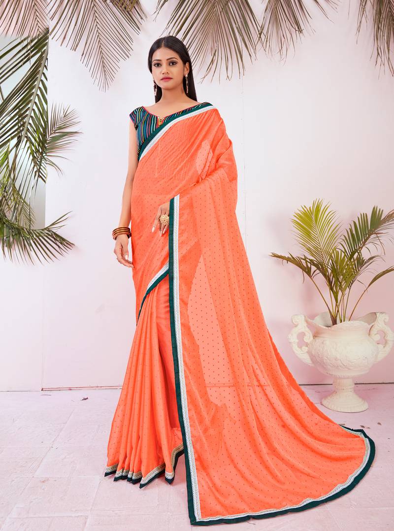 Peach Plain Silk Saree With Blouse