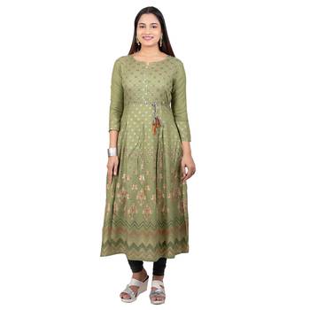 Olive printed cotton long-kurtis 1