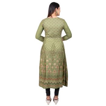 Olive printed cotton long-kurtis 2