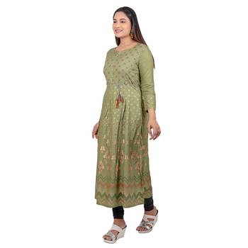 Olive printed cotton long-kurtis 3