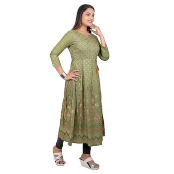 Olive printed cotton long-kurtis 4