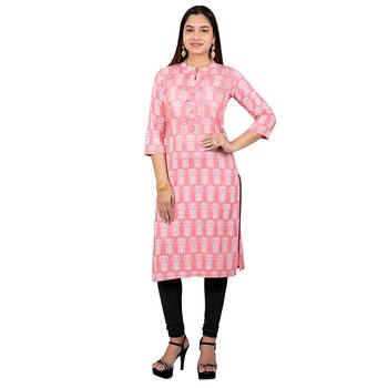 Baby-pink printed cotton long-kurtis 1