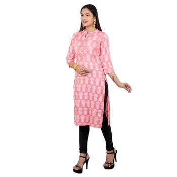 Baby-pink printed cotton long-kurtis 3