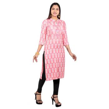 Baby-pink printed cotton long-kurtis 4