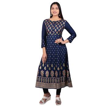 Navy-blue printed cotton long-kurtis 1