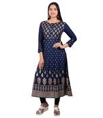 Navy-blue printed cotton long-kurtis