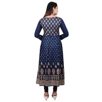 Navy-blue printed cotton long-kurtis 2