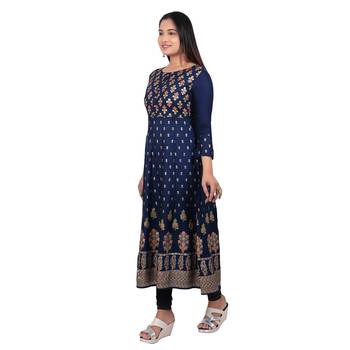 Navy-blue printed cotton long-kurtis 3