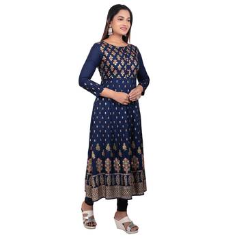 Navy-blue printed cotton long-kurtis 4