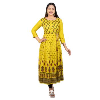 Light-yellow printed cotton long-kurtis 1