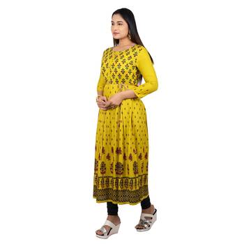 Light-yellow printed cotton long-kurtis 3
