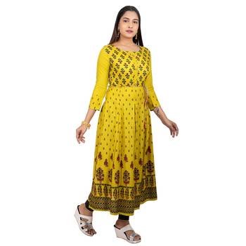 Light-yellow printed cotton long-kurtis 4