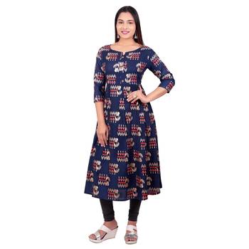 Navy-blue printed cotton long-kurtis 1
