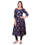 Navy-blue printed cotton long-kurtis