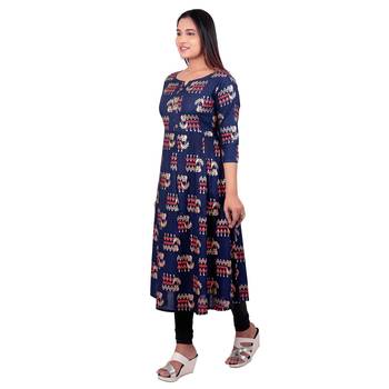 Navy-blue printed cotton long-kurtis 3
