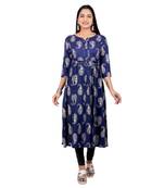 Navy-blue printed cotton long-kurtis