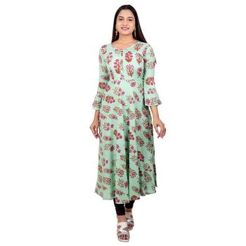 Sea-green printed cotton long-kurtis 1