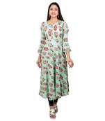 Sea-green printed cotton long-kurtis