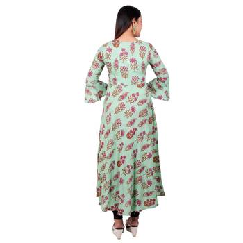Sea-green printed cotton long-kurtis 2