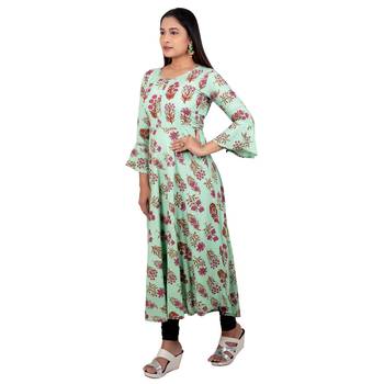 Sea-green printed cotton long-kurtis 3