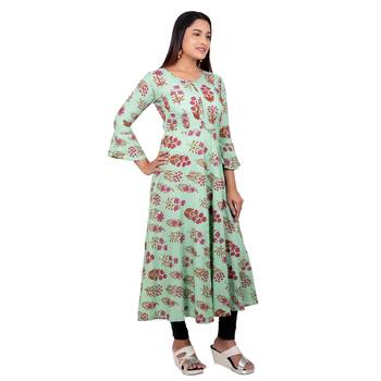 Sea-green printed cotton long-kurtis 4