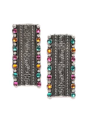 Infuzze Oxidised Silver-Toned & Pink Beaded & Textured Rectangular Drop Earrings 1