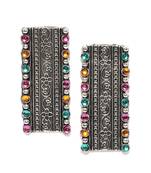 Infuzze Oxidised Silver-Toned & Pink Beaded & Textured Rectangular Drop Earrings