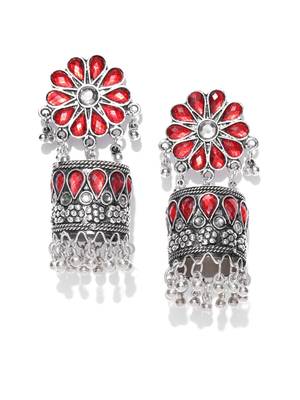 Infuzze Oxidised Silver-Toned & Red Stone-Studded Dome Shaped Jhumkas 1