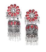 Infuzze Oxidised Silver-Toned & Red Stone-Studded Dome Shaped Jhumkas