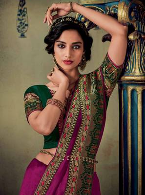 Rani pink embroidered satin saree with blouse 2