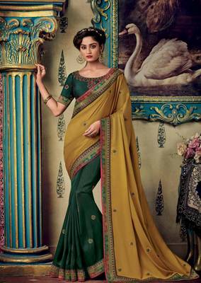 Mustard embroidered satin saree with blouse 1